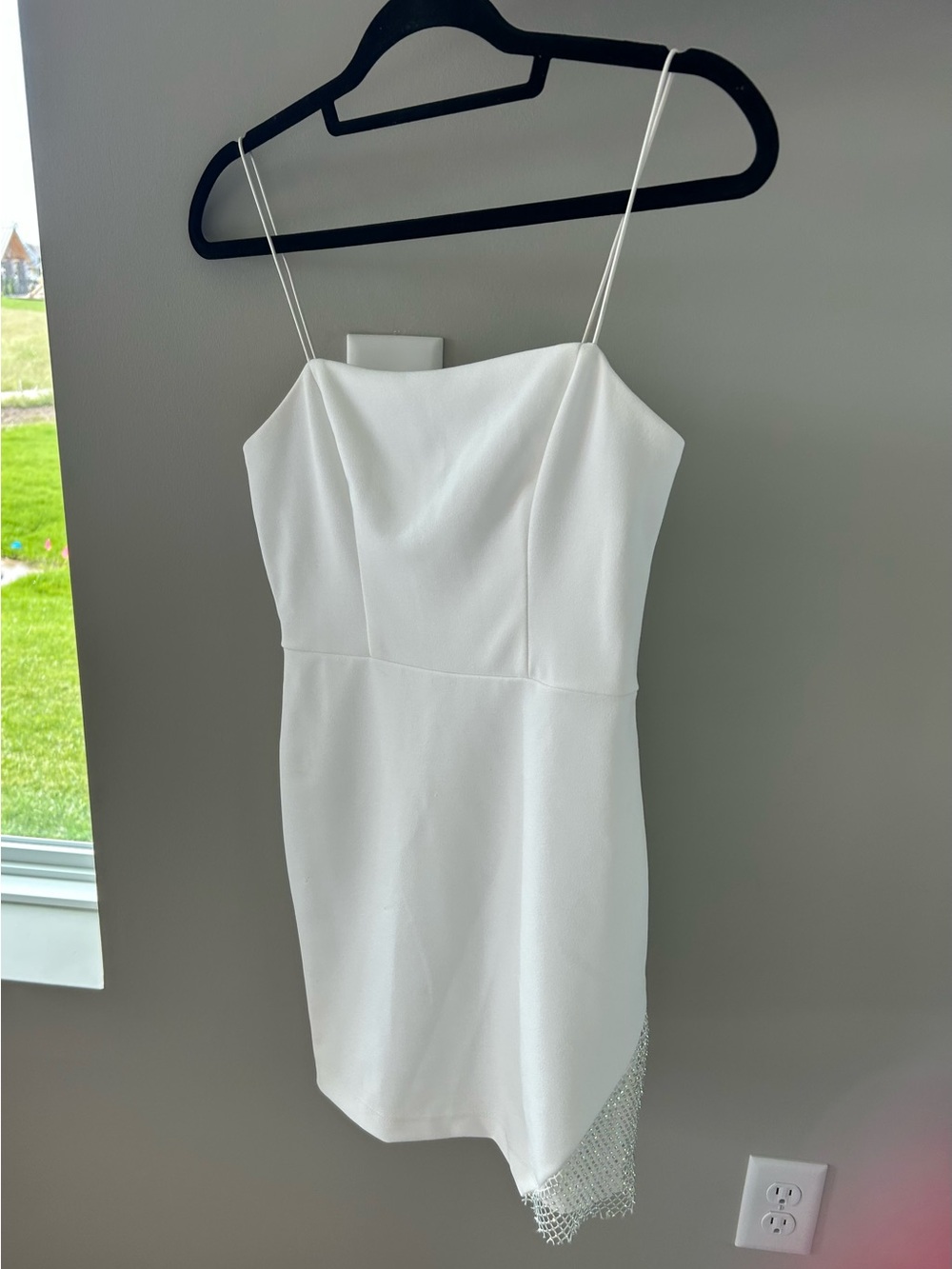 Darling White Spaghetti Strap Mini Dress with Beaded Hem